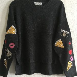 Wildfox Emoji Embellished  High-low Black Sweater